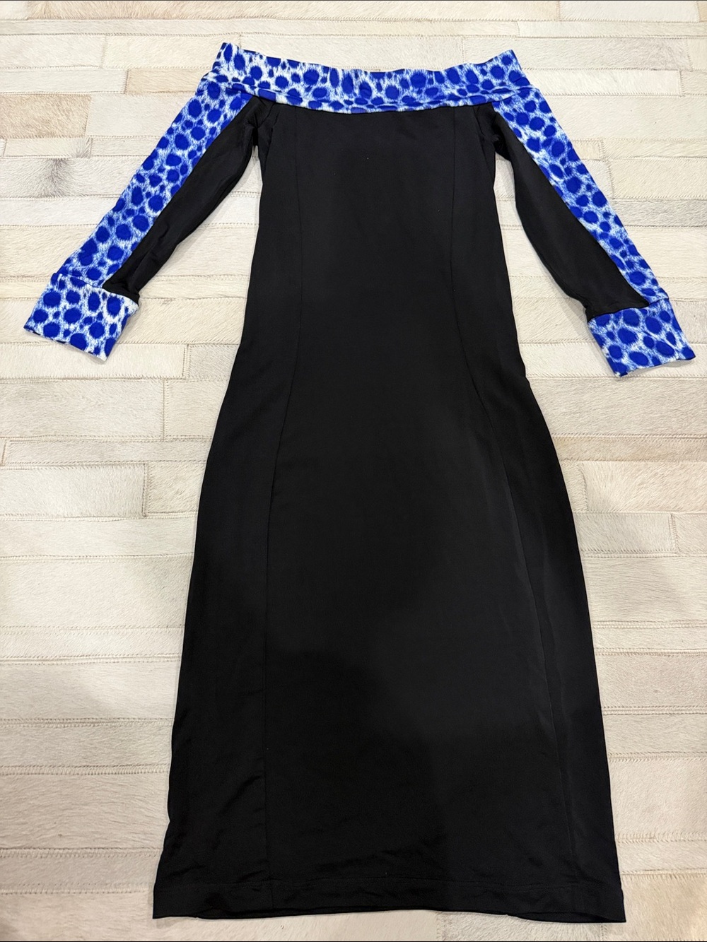 Just Cavalli Black Off-Shoulder Dress with Blue Pattern Trim
